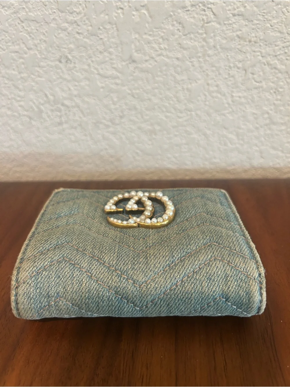 Gucci Denim Wallet with Pearl Double G - Light Blue